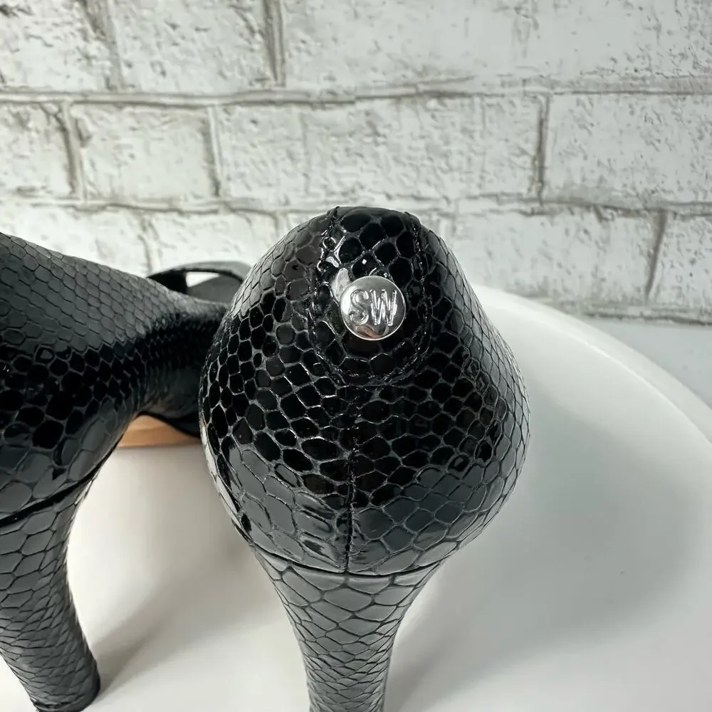 Stuart Weitzman Heels Leather Croc Snake Pattern Patent Peep Toe Pump Black 7.5